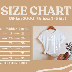 Peut inclure: Tableau des tailles pour un t-shirt unisexe Gildan 5000. Le tableau indique la largeur et la longueur en pouces pour les tailles S, M, L, XL, 2XL et 3XL.