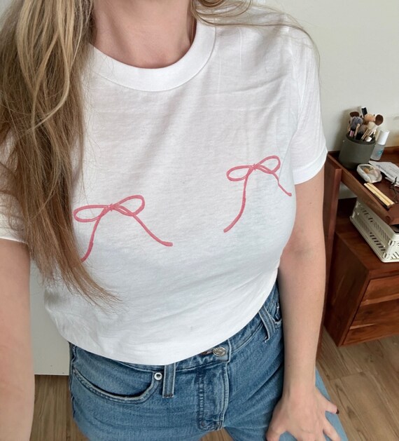 Women Y2K Bow Print T Shirt Cute Graphic Baby Tees Long Sleeve Crop Top E Girls Aesthetic Clothes (Mixed Color, S