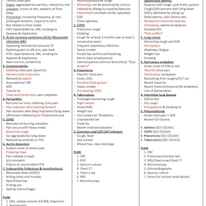 May include: A medical chart detailing symptoms and plans for conditions such as chest pain, cough, and breathlessness. Includes sections on angina, asthma, and pulmonary embolism.