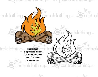 Camp Fire Clip Art, color plus black and white version, png, svg, eps, pdf, and jpeg files, cut file,