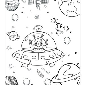 May include: A black and white line drawing of an alien in a spaceship flying through space. The alien has large eyes and a big smile. There are stars, planets, and a satellite in the background.