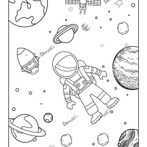 May include: A black and white line drawing of an astronaut floating in space. The astronaut is wearing a spacesuit and has a helmet on. There are planets, stars, and a rocket ship in the background.