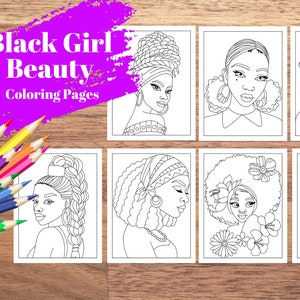 May include: Set of eight black and white colouring pages featuring different hairstyles and facial features of Black women. The title "Black Girl Beauty Coloring Pages" is at the top of the image.