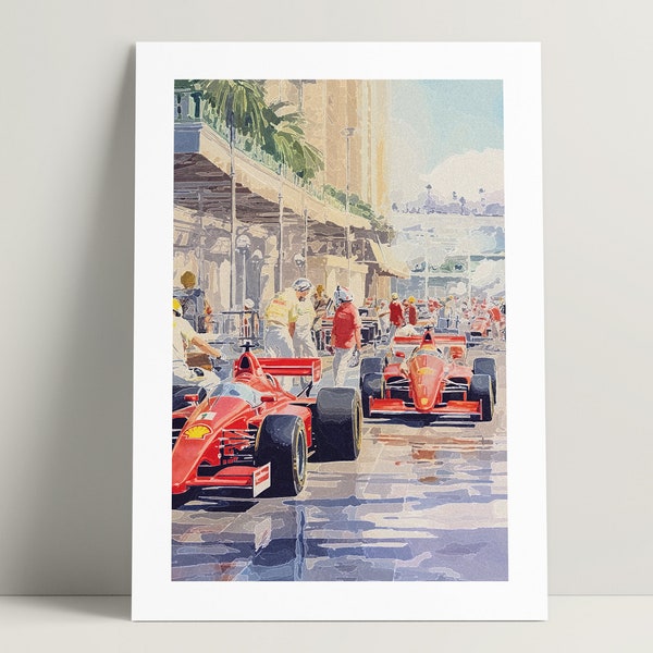 Vintage Monaco Grand Prix Illustration Poster, F1 Pit Stop Poster, Printable Formula 1 Wall Art, Ferrari Motorsport Print | Digital Download