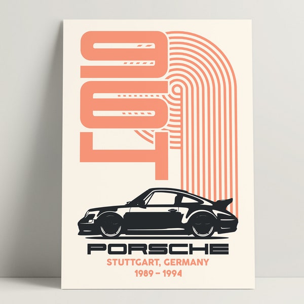 Porsche 911 Poster, 964 Wall Art, Minimalistic Retro Car Poster, Vintage Geometric Style Printable Sports Car Poster | Digital Download