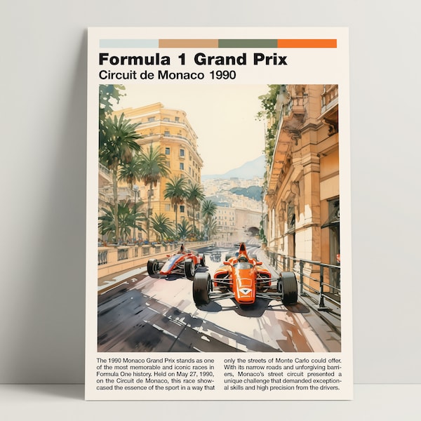 1990 F1 Monaco Grand Prix Poster, Retro Formula 1 Poster, Retro Motorsports Wall Art, Motorsport Racing Wall Decor | Digital Download