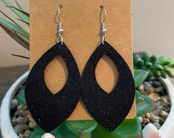 black leather earrings, leather earrings, glitter earrings, dangle earrings