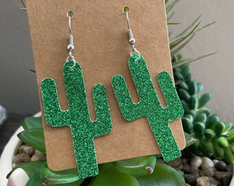 cactus earrings, green earrings, glitter earrings, leather earrings