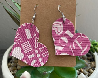 leather earrings, heart earrings, pink earrings, valentines gift