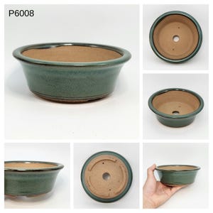 May include: A selection of teal ceramic bonsai pots. The pots have a rounded shape with a wide opening and a drainage hole at the base. The interior is light brown, and the exterior has a glossy finish. The text "P6008" is in the upper left corner.