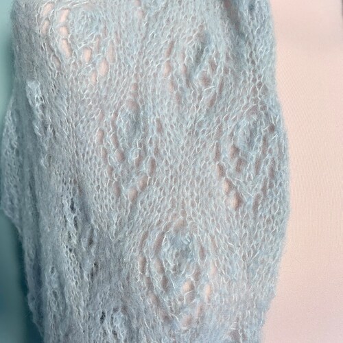 Pale blue hand knitted buy lace shawl or large luxury scarf.