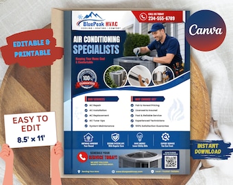 Air Conditioning Flyer Template | AC Repair Service Flyer | Editable Canva Marketing Flyer for HVAC Business