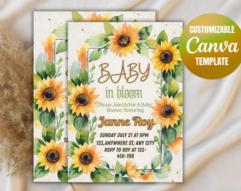 Zestaw zaproszeń na baby shower w stylu rustykalnym z motywem słonecznika: edytowalny szablon (5 x 7 cali, plik PDF do pobrania)