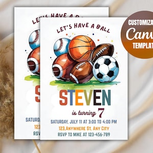 Lets Have a Ball Sports Party Invitation EDITABLE Birthday Invite Baseball Football Soccer Basketball Watercolor