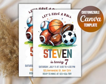 Lets Have a Ball Sports Party Invitation EDITABLE Birthday Invite Baseball Football Soccer Basketball Watercolor