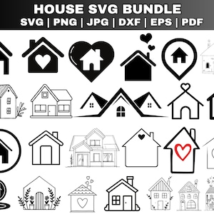 Könnte beinhalten: Ein Set mit 20 schwarzen und weißen Haus-SVG-Schnittdateien. Die Designs umfassen verschiedene Hausstile, einige mit Herzen und einige mit Fenstern und Türen. Der Text "HOUSE SVG BUNDLE" befindet sich oben im Bild. Der Text "SVG | PNG | JPG | DXF | EPS | PDF" befindet sich unter dem Titel.