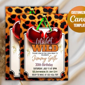 Cheetah Print Lets Get Wild Birthday Dinner & Drinks Invitation Template, Animated Red Cherry Girls Night Invite, Glam Party Invite Leopard