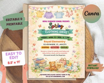 Clothing Drive Flyer, Spring Fundraiser, Editable PTA PTO Poster, Digital Download 8.5' x 11'
