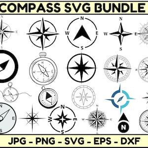 May include: A set of 20 compass SVG designs in black and white, with some in blue. The designs include a variety of compass styles, including traditional, modern, and minimalist. The text "COMPASS SVG BUNDLE" is at the top of the image. The text "JPG - PNG - SVG - EPS - DXF" is at the bottom of the image.
