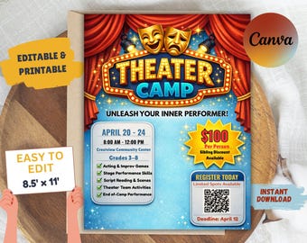 Editable Theater Camp Flyer Template | Kids Drama Summer Performing Arts (8.5x11 Inches)