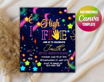 Neon High Five 5th Birthday Invitation: Editable Template (Digital Download 5x7 Inches)