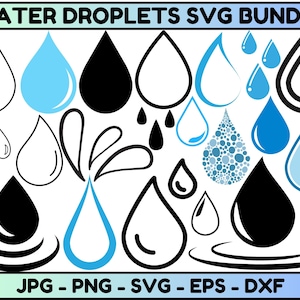 May include: A set of 20 water droplet SVG cut files in black, white, and blue. The droplets are in various shapes and sizes, including a droplet made of smaller circles.