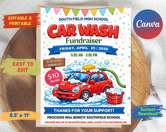 Editable Car Wash Fundraiser Flyer – School PTO Event Invitation (8.5x11)