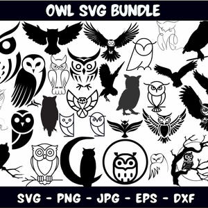 Op de afbeelding: Een verzameling zwart-wit uilontwerpen in verschillende stijlen. De afbeelding bevat silhouetten, lijntekeningen en gedetailleerde illustraties van uilen, met de tekst "OWL SVG BUNDLE" bovenaan en bestandstype-indicatoren onderaan.