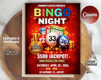 Bingo Night Flyer Template: Family Game Fundraiser (Canva Editable, Digital Download)