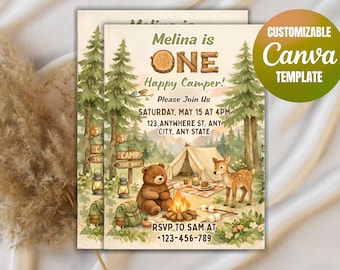 One Happy Camper Birthday Invitation, Forest Animals, Canva Template (PDF Pattern)