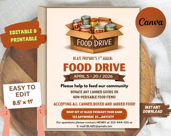 Editable Food Drive Flyer: School Church Charity Event (CANVA Template), Community Donation Poster