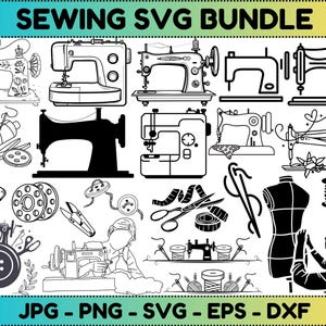 Puede incluir: Gráfico en blanco y negro de un paquete SVG de costura con ilustraciones de máquinas de coser y herramientas de costura como tijeras, carretes de hilo y un maniquí. El texto "SEWING SVG BUNDLE" está en la parte superior.