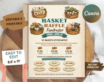 Basket Raffle Flyer Template, Editable Fundraiser Invitation (Canva)
