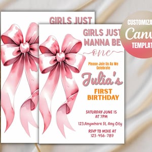 Pink Bow Birthday Invitation Soft Pastel Pink Ribbon Elegant Coquette Girl 1st Birthday Party Invite Girls Just Wanna Be ONE EDITABLE