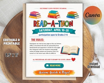 Editable Read-a-Thon Flyer Template, School Reading Fundraiser, Pledge Sign (8.5x11 Inches)