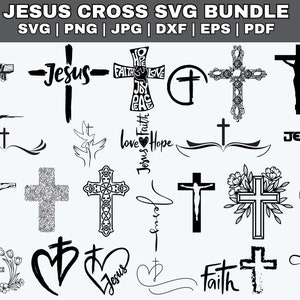 Puede incluir: Un conjunto de 20 diseños SVG en blanco y negro que presentan varios estilos de cruces, incluyendo una cruz con una corona de flores, una cruz con un corazón y una cruz con la palabra "Jesús" escrita en ella. Los diseños son perfectos para manualidades, scrapbooking y otros proyectos creativos.