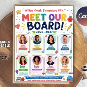 May include: A flyer titled Willow Creek Elementary PTA Meet Our Board 2026-2027 featuring eight individual portraits of board members with their names, titles, and short bios. The design includes colorful school-themed icons and text.