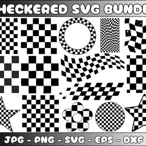 Peut inclure: Un ensemble de motifs SVG à carreaux noirs et blancs. Le lot comprend diverses formes telles que des carrés, des cercles, des étoiles et une fleur, toutes avec le motif de damier classique. Le texte "CHECKERED SVG BUNDLE" est affiché en haut.