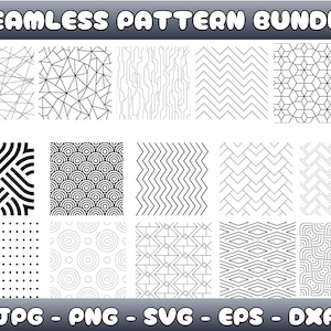 May include: A selection of 15 black and white seamless patterns. The designs feature geometric shapes, lines, and abstract motifs. The text "SEAMLESS PATTERN BUNDLE" is at the top. File types JPG, PNG, SVG, EPS, and DXF are listed at the bottom.