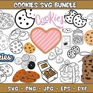 May include: A digital download bundle of 20 black and white cookie SVG cut files. The bundle includes a variety of cookie shapes, including hearts, circles, and traditional cookies. The text "Cookies" appears in the image.