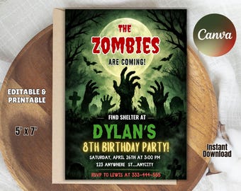 Zombie Birthday Invitation | Editable Kids Party Template (5x7 Inches) (Instant Download)