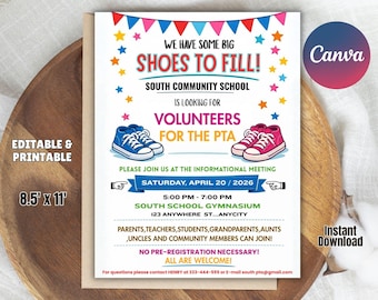 Editable Volunteer Recruitment Flyer, PTA PTO School Event (Instant Download)