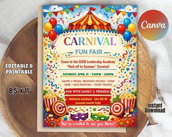 Editable Summer Carnival Flyer Canva Template, DIY School Fun Fair Invite (Digital Download)