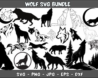 Lot de loups SVG : loups hurlants, animaux de la forêt (téléchargement numérique)
