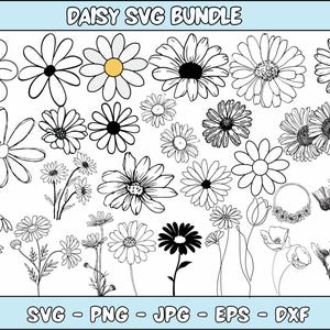 May include: A set of 20 black and white daisy SVG cut files. The daisies are in various styles, including single flowers, bouquets, and wreaths. The text "Daisy SVG Bundle" is at the top of the image. The text "SVG - PNG - JPG - EPS - DXF" is at the bottom of the image.