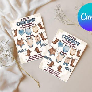 Cowboy Baby Shower Invitation Template, A little Cowboy Is On The Way Invite, Cowboy Clothesline Baby Shower