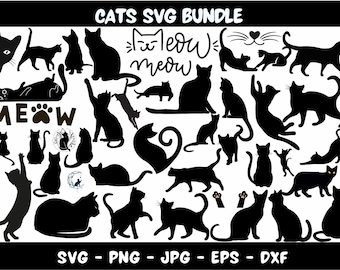 Può includere: Un pacchetto di download digitale di 25 file di taglio SVG di gatti in bianco e nero. Le immagini includono varie pose di gatti, tra cui seduti, in piedi e dormienti. Il testo "Meow" è incluso nel design.