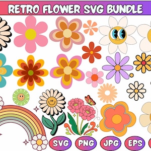 Retro Flowers Svg, Flower Clipart, Daisy Flower Cut File,Boho Flower Svg,Flower Svg Bundle,Floral Png, Svg Files For Cricut,Instant Download
