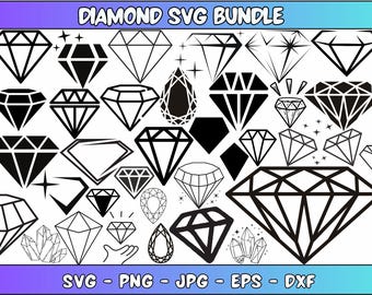 May include: A selection of diamond designs in diverse styles, including solid, outlined, and gem-like shapes. The image displays the text "DIAMOND SVG BUNDLE" at the top and file type abbreviations at the bottom, all in black and white.