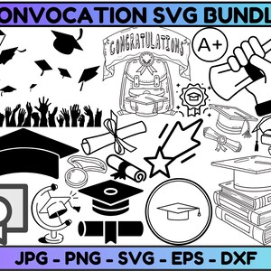 以下が含まれることがあります： 卒業式と招集をテーマにしたSVGファイルの白黒イラストセット。セットには、卒業帽、卒業証書、星、本、卒業証書を持った手などがあります。画像には「CONVOCATION SVG BUNDLE」と「CONGRATULATIONS」のテキストが含まれています。